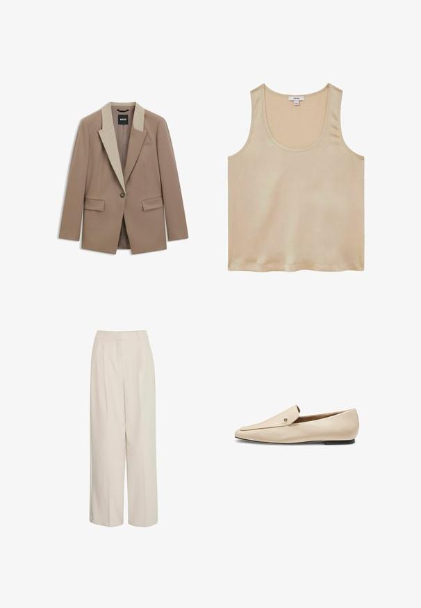 Beige blazer med en kontrasterende lysebrun krave, enkelt knaplukning og to frontlommer. Lavet af glat, struktureret stof.; Reiss REGULAR FIT - Bluse - neutral; Højtaljede cremede bukser med brede ben og pressefolder, lavet af glat stof, med et rent design og skræddersyet pasform.; Beige læderloafer med spids tå, flad sort sål og lille metallisk logodetalje nær den øverste kant.