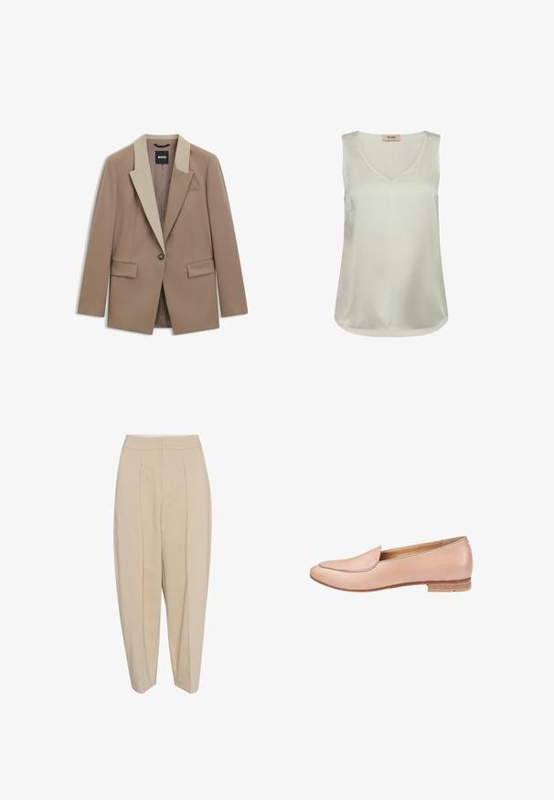 Beige blazer met een contrasterende lichtbeige kraag, sluiting met één knoop en twee voorzakken. Gemaakt van een soepele, gestructureerde stof.; Mouwloze lichtbeige satijnen blouse met V-hals en afgeronde zoom, met een klein label aan de achterkant van de binnenkraag.; Beige op maat gemaakte broeken met een hoge taille, geplooide voorkant en taps toelopende pijpen. De stof lijkt glad met een subtiele glans. Geen zichtbare zakken.; Beige leren instappers met een lage houten hak, ronde neus en gestikte details langs de bovenrand. Vette structuur, minimalistisch ontwerp.