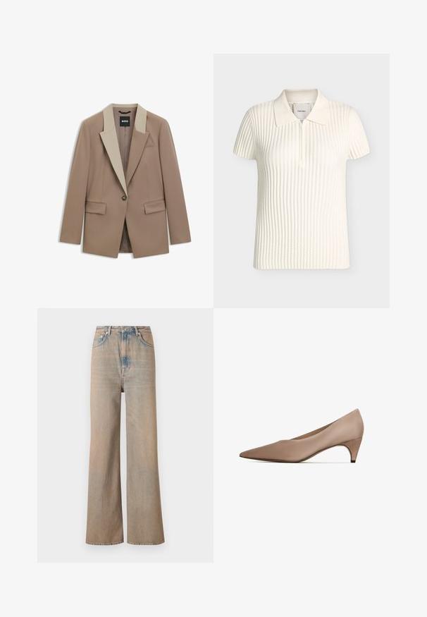 Beige blazer met een contrasterende lichtbeige kraag, sluiting met één knoop en twee voorzakken. Gemaakt van een soepele, gestructureerde stof.; Witte kortemouwen geribde gebreide poloshirt met rits aan de voorkant en een zachte kraag, weergegeven op een neutrale achtergrond.; Lichtgekleurde wijde jeans met een hoge taille, gemaakt van denim. Voorzien van subtiele stiksels en vijf zakken, met een licht vervaagde textuur.; Beige puntige pumps met een elegante satijnen afwerking en een 3 cm hoge, schuin aflopende hak. Het ontwerp kenmerkt zich door vloeiende lijnen en minimale details.