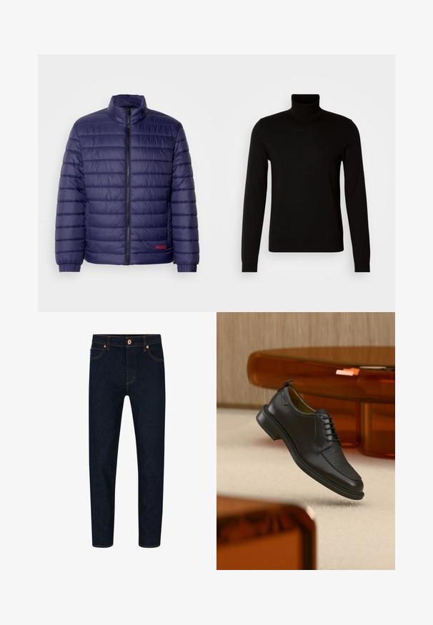 Navyblauwe gevoerde jas met horizontaal gestikt ontwerp, hoge kraag, rits aan de voorkant en rode logodetail aan de linkerkant.; Zwarte coltrui van fijn gebreide stof, met lange mouwen en een getailleerde pasvorm. Gladde textuur met geribbelde manchetten.; Donkerblauwe denim jeans met een slim fit, contrasterende oranje stiksels en een klassieke knoopsluiting. Voorzien van voorkruiden en taps toelopende benen.; Zwarte leren veterschoen in de stijl van een nette schoen met een gestructureerd vooraanzicht, zwevend boven een beige tapijt in een moderne kamer met amberkleurige meubelen.