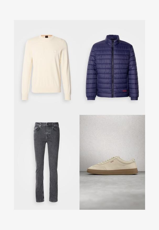 Veste matelassée bleu marine avec un design à carreaux horizontal, col montant, fermeture éclair à l'avant et détail logo rouge sur le côté gauche.; Pull crème avec un col rond, des manches longues et un petit logo carré sur la poitrine. Fabriqué en tissu doux et de qualité supérieure.; Jean en denim gris foncé, coupe droite, cinq poches, coutures contrastantes, braguette zippée et fermeture par bouton. Aucun motif ou ornement visible.; Baskets en daim beige clair avec une semelle en caoutchouc gomme, des lacets prononcés et des détails de couture subtils. Design épuré avec une esthétique minimaliste.