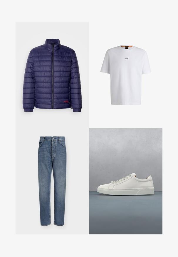 Navyblauwe gevoerde jas met horizontaal gestikt ontwerp, hoge kraag, rits aan de voorkant en rode logodetail aan de linkerkant.; Witte katoenen T-shirt met korte mouwen, voorzien van een zwart "BOSS"-logo in het midden van de borst en een ronde halsontwerp.; Blauwe denim jeans met rechte pijpen, hoge taille, knoopsluiting aan de voorkant en vijfzakkenontwerp op een effen lichte achtergrond.; Witte leren sneaker met een ronde neus, minimalistisch ontwerp, grijze veters en een gestructureerde grijze rubberen zool. Fijne stikdetails zichtbaar.