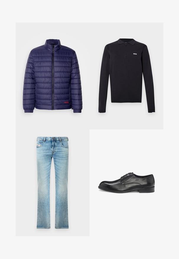 Mørkeblå polstret jakke med vandret quiltet design, høj krave, frontlynlås og rødt logodetalje på venstre side.; Sort langærmet polo lavet af strikket stof. Har en halvlynede krave, slim fit og en lille hvid logo på brystet.; Lysblå denimjeans med lige ben, femlommesdesign og let slid. Inkluderer metalknap og lynlås lukning.; Sort lædersko med snørebånd, glat finish, rundet tå, minimal syning og en flad gummisål. Siden har brandlogo.
