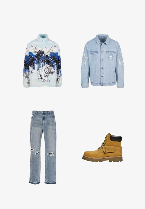 Hellblaue Denimjacke mit sternförmigen Abriebstellen, Metallknöpfen, zwei Brusttaschen und subtilen weißen Farbspritzern.; Fleece-Pullover mit hohem Kragen, der ein blau-weißes Tigerdesign zwischen Palmen und Bergen zeigt. Weiche, plüschige Textur.; Helle blaue, abgenutzte Jeans im Distressed-Look mit geradem Bein, zwei Knie-Rissen und leichter Verwaschung über den Stoff.; Hellbrauner Arbeitsstiefel mit schwarzem gepolstertem Schaft, Schnürung vorne, umgeschlagener Lasche mit Metalleinlässen und dicker Gummiprofilsohle.