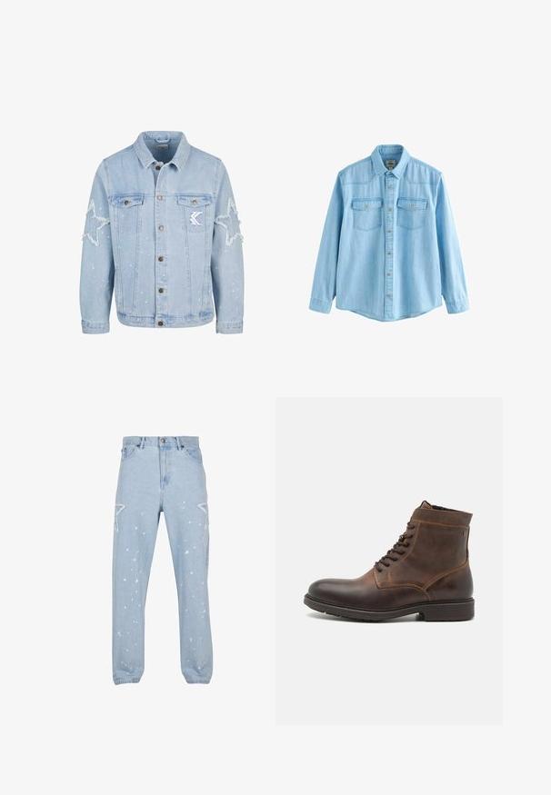 Chaqueta de mezclilla azul claro con desgastes en forma de estrella, botones de metal, dos bolsillos en el pecho y un sutil salpicado de pintura blanca.; Camisa de mezclilla azul claro de manga larga con botones en la parte frontal y dos bolsillos en el pecho con solapas abotonadas.; Jeans de mezclilla azul claro con un ajuste relajado, que cuentan con recortes en forma de estrella, manchas de pintura y un diseño clásico de cinco bolsillos.; Jack & Jones JFWDELANEY BOOT - Botines con cordones - cognac