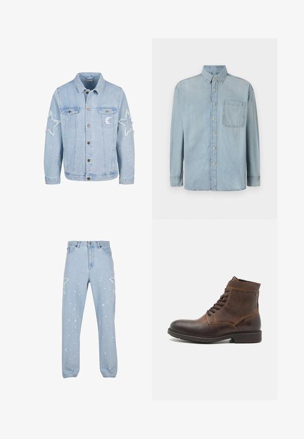 Lyseblå denimjakke med stjernemønstrede slidmærker, metalbutton, to brystlommer og diskret hvid malingsplask.; Lyseblå denimskjorte med lange ærmer, knaplukning foran og en enkelt brystlomme. Har en klassisk krave og standard manchetter.; Lysblå denim jeans med en afslappet pasform, der har stjerneformede udsparinger, malersplatter og et klassisk fem-lomme-design.; Jack & Jones JFWDELANEY BOOT - Snørestøvletter - cognac