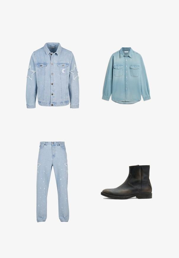 Lichtblauwe denimjack met stervormige slijtage, metalen knopen, twee borstzakken en subtiele witte verfspetterdetails.; Lichtblauw denimoverhemd met lange mouwen, twee borstzakken met klep, knoopsluiting aan de voorkant en puntkraag.; Lichtblauwe denim jeans met een relaxte pasvorm, voorzien van stervormige uitsparingen, verfspetters en een klassieke vijf-pocket ontwerp.; AllSaints LANG - Lage laarzen - brown