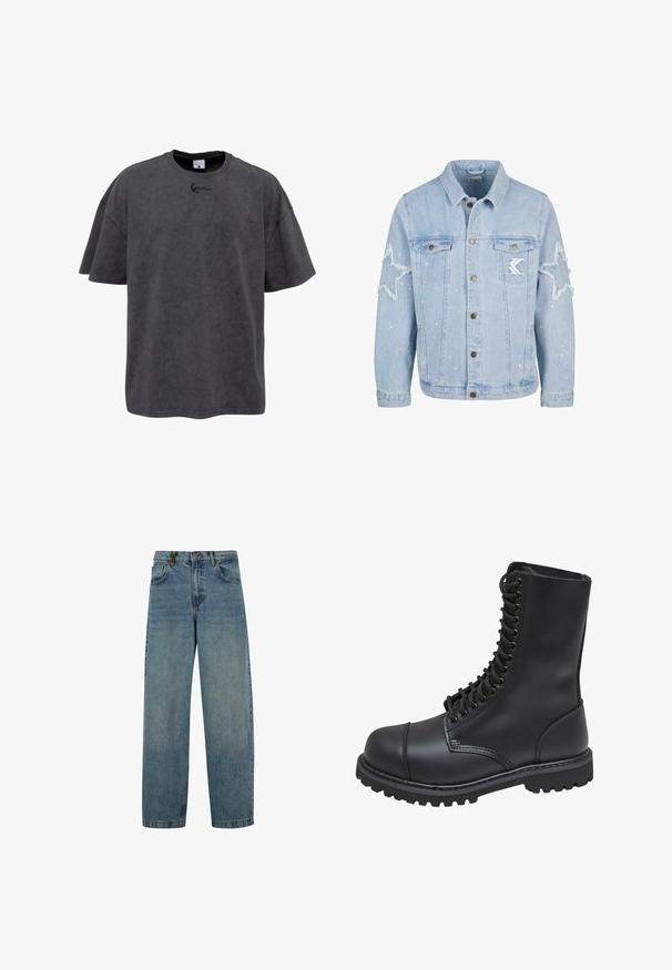 Lichtblauwe denimjack met stervormige slijtage, metalen knopen, twee borstzakken en subtiele witte verfspetterdetails.; Grijze oversized t-shirt van een katoenmix, met een ronde hals en korte mouwen. Het heeft een subtiele geborduurde logo op de borst.; Vervaagde blauwe denim jeans met een recht pijp ontwerp, vijf-pocket stijl en een knoopsluiting. Materiaal vertoont lichte textuur en slijtage.; Zwarte leren gevechtslaars met een hoge schacht, vetersluiting aan de voorkant, gewatteerde kraag en een stevige, gestructureerde zool voor grip. Bevat een versterkte neus.