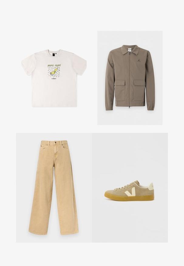 Hnedá bunda na zips s golierom, dvoma prednými vreckami s klapkami, elastickými manžetami a malým logom Jumpman na ľavej strane hrudníka.; Biely bavlnený tričko s grafikou žltého vtáka a textom "OSLOBOD SA!" v čiernej farbe. Krátke rukávy s voľným strihom.; Béžové džíny s vysokým pásom, širokými nohavicami, predným gombíkom a zipsom, pútkami na opasok a prednými vreckami na jednoduchom pozadí.; Nízke tenisky z béžovej semišovej kože s gumovou podrážkou, bielym logom "V" na boku a bielym opätkom s nápisom "VEJA" na svetlosivom pozadí.