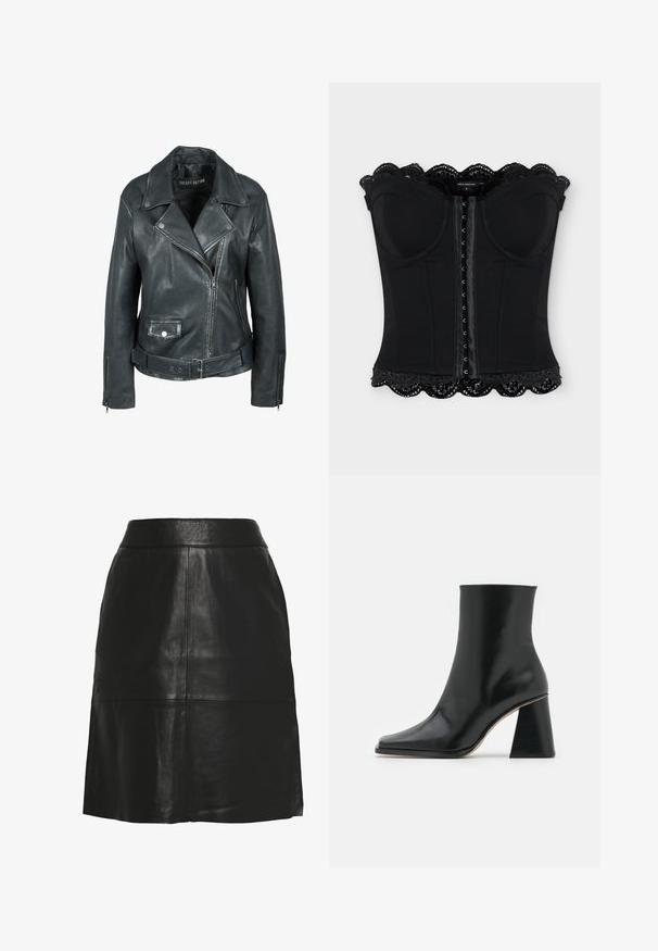 Veste de moto en cuir noir avec un col cranté, fermeture éclair asymétrique, poche avant et détail de ceinture à boucles. Texture lisse.; Corset noir sans bretelles avec fermeture à crochets à l'avant, bonnets moulés et bordure en dentelle festonnée en haut et en bas.; Jupe trapèze en similicuir noir avec taille haute et coutures apparentes à l'avant et près de l'ourlet.; Bottine en cuir noir avec un design à bout carré et un talon épais et texturé. Surface lisse sans quincaillerie ou motifs visibles.