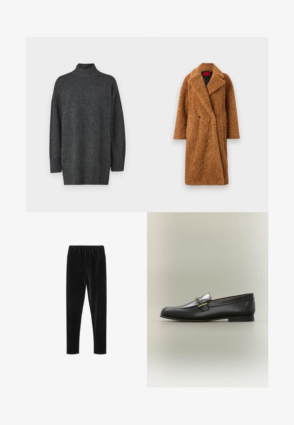 Lang brun teddy-frakke med brede revers og enkelt sort knaplukning, hængende mod en ensfarvet hvid baggrund.; Mørkegrå, oversized turtleneck sweater lavet af blødt strikkemateriale med lange ærmer og ribbet kant; glat tekstur, minimalistisk design.; Sorte velour leggings med elastisk talje og en glat, skinnende tekstur. Slim fit med tapered ben-design.; Sort læderloafer med sølv øverste, gyldent kædedetalje, lav hæl og rundet tå på neutral baggrund.