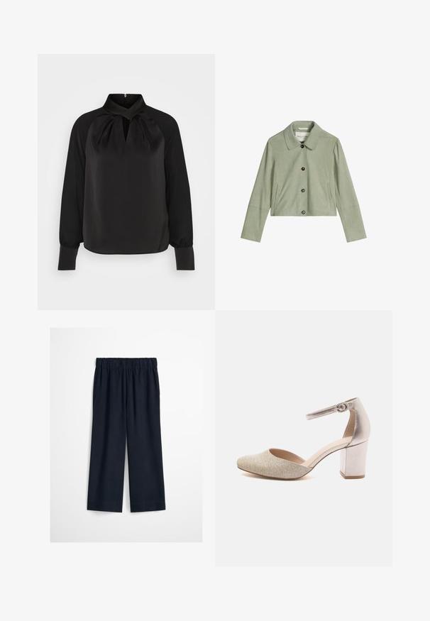Lichtgroene suède jas met lange mouwen, knoopsluiting, twee voorzakken en een klassieke kraag.; Zwart satijnen blouse met een hoge kraag, geplooide details bij de hals en lange mouwen met aansluitende manchetten. Soepele textuur, minimalistisch ontwerp.; Zwarte broek met wijde pijpen en elastische tailleband, zonder zichtbare zakken of versieringen, weergegeven op een effen achtergrond.; Hakken met een metalen zilveren band en blokhak. Gouden textuurstof siert het teengedeelte. Rond neusontwerp.