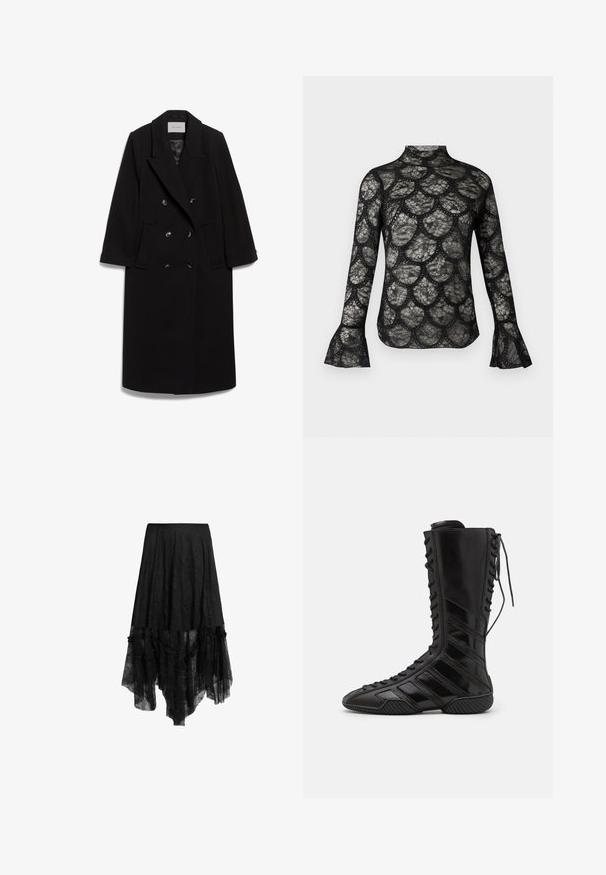 IVY OAK IOCLEMENCE - Manteau classique - black; Haut en dentelle noire avec col montant et manches longues évasées, présentant un motif festonné sur tout le tissu.; Jupe noire asymétrique avec superposition de dentelle transparente et ourlet à volants, équipée d'une ceinture ajustée et de détails texturés sur le tissu.; Bottes montantes noires en matériau synthétique brillant, présentant un design de laçage sophistiqué et des accents de rayures diagonales sur les côtés.