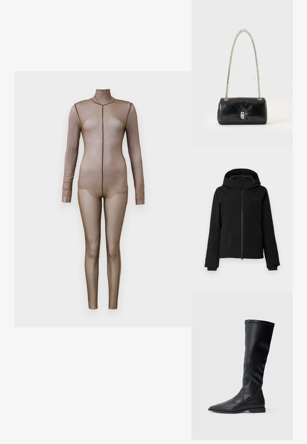 Schwarze wasserdichte Jacke mit abnehmbarer Kapuze, durchgehendem Reißverschluss, verstellbarem Kordelzug und langen Ärmeln mit Daumenlöchern. Glatte Textur.; Brauner Mesh-Body mit langen Ärmeln und einem Mockneck. Verfügt über ein nahtloses Design mit einer figurbetonten Silhouette und minimalen Nähten.; Schwarze kniehohe Stiefel aus glattem Leder mit spitz zulaufender Zehenpartie und niedrigem Blockabsatz. Das Design besticht durch eine schlanke Silhouette und minimale Details.; Schwarze Lederhandtasche mit silbernem Kettenriemen und silbernem Verschluss, vor einem schlichten, hellen Hintergrund dargestellt.