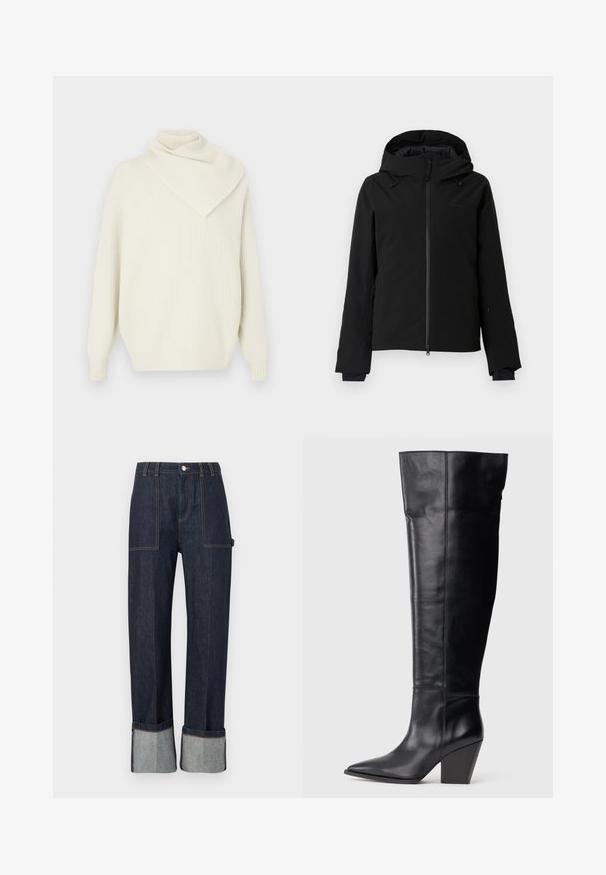 Veste imperméable noire avec capuche amovible, fermeture éclair complète, cordon de serrage ajustable et manches longues avec passages pour les pouces. Texture lisse.; Pull en tricot côtelé crème avec un col asymétrique drapé et des manches longues, offrant une coupe décontractée et une texture douce.; Pantalon en denim bleu foncé avec larges revers, poches plaquées à l'avant, passants pour ceinture et fermeture par bouton à la taille.; Botte noire en cuir, à bout pointu, avec un talon bloc haut et anglé, et des coutures verticales le long de la tige.