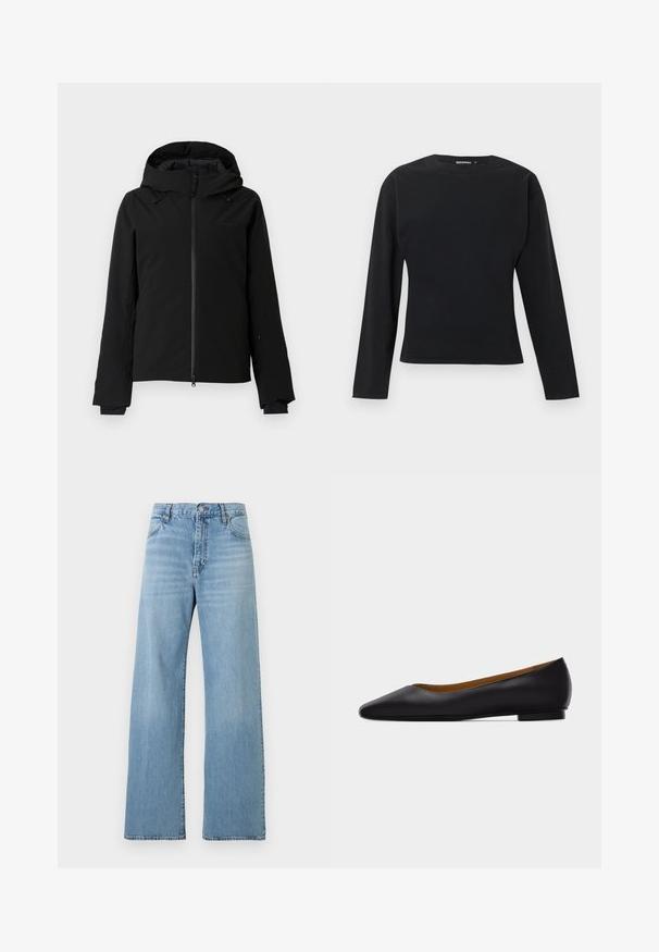 Veste imperméable noire avec capuche amovible, fermeture éclair complète, cordon de serrage ajustable et manches longues avec passages pour les pouces. Texture lisse.; Haut noir à manches longues ajusté avec col rond et design simple, présenté sur fond gris clair.; Jean bleu clair taille haute à jambes droites avec fermeture devant par bouton et zip, poches avant et arrière, et passants pour ceinture.; Chaussure plate en cuir noir à bout pointu avec talon bas et finition lisse, vue de côté sur un fond gris clair.