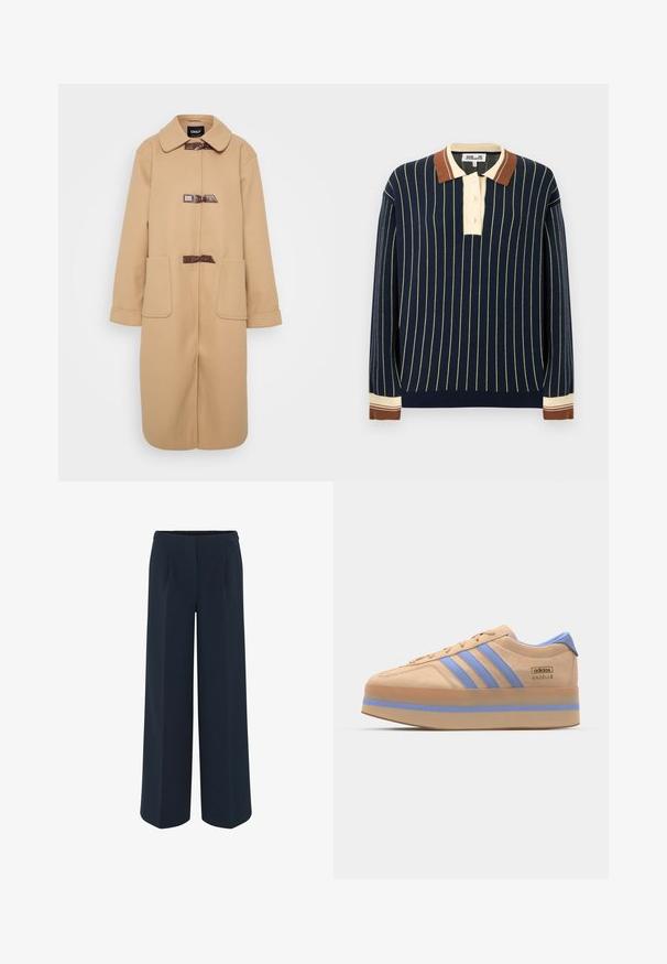 Manteau en laine beige avec un col rond, des manches longues et deux poches avant. Fermé par trois attaches à bascule marron foncé.; Pull polo tricoté bleu marine avec des rayures verticales jaune clair. Il présente une patte de boutonnage crème avec trois boutons et un col et des poignets marron contrastants.; Pantalons large en bleu marine foncé, présentant un tissu lisse, des plis tailleur et une taille haute. Pas de poches visibles ni de décorations.; Baskets en suède beige avec des rayures bleu clair, semelle compensée et accents bleus sur le talon. Dotées d'un système de laçage et d'un logo sur le côté.