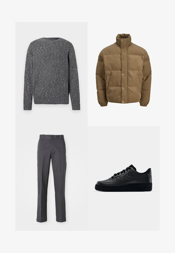 Veste matelassée en corduroy marron avec col haut, boutons pression, poignets élastiques et poches latérales, présentée sur un fond blanc.; Pull à manches longues en maille côtelée gris foncé avec un col ras du cou et une texture mouchetée.; Pantalons gris foncé en mélange de coton, présentant un design à jambes droites, des poches avant et une fermeture à bouton à la taille.; Baskets Nike Air Force 1 noires avec un dessus en cuir lisse, bout perforé pour la respirabilité, lacets noirs et semelle en caoutchouc texturé.