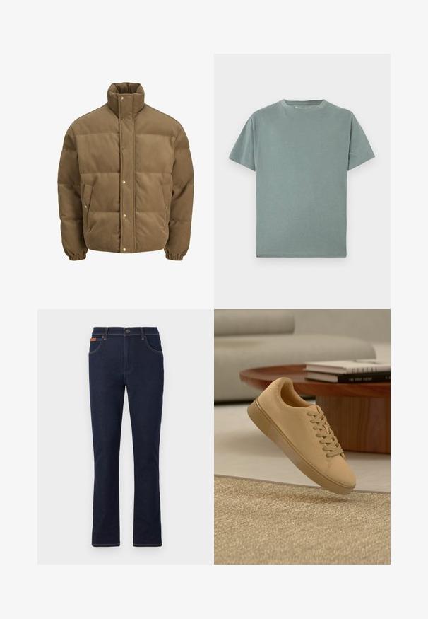 Brun corduroy pufferjakke med høj krave, trykknapper, elastiske manchetter og sidelommer, vist på en hvid baggrund.; Grøn crew-neck T-shirt lavet af blød bomuld. Korte ærmer, afslappet pasform og pæne syninger langs kanten. Minimalistisk design uden mønstre.; Mørkeblå jeans med lige ben, frontknap og lynlås, for- og baglommer samt brune syninger.; Beige snørestøvler, der svæver over et tekstureret tæppe med et træ sofabord og stablede bøger i en sløret baggrund.
