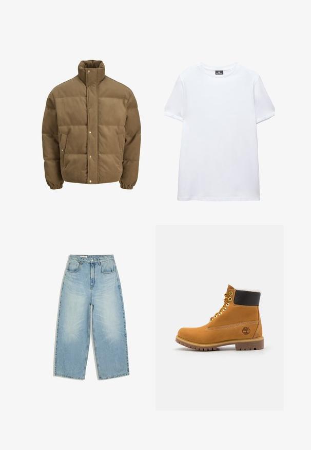 Braune Cord-Puffjacke mit hohem Kragen, Druckknöpfen, elastischen Bündchen und Seitentaschen, auf einem weißen Hintergrund präsentiert.; Einfaches weißes T-Shirt mit kurzen Ärmeln und Rundhalsausschnitt mit einem schwarzen Pull&Bear-Etikett innen am Kragen, abgebildet auf weißem Hintergrund.; Hellblaue Jeans mit hoher Taille, weitem Bein, vorderen Taschen, Gürtelschlaufen und Knopf- mit Reißverschluss.; Braune Leder-Ankle-Boots mit Metallösen, weißem Kunstfellfutter, schwarzem gepolstertem Kragen, robustem Sohlenprofil und geprägtem Logo an der Seite.