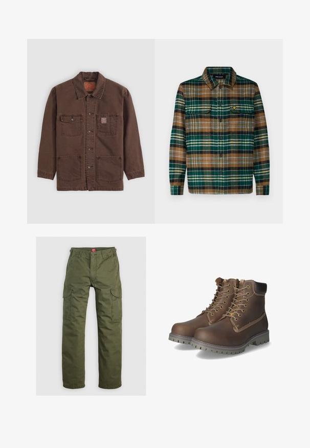 Brun button-up jakke med fire frontlommer, to brystlommer, hvoraf den ene har et lille rødt Levi's mærke, og en klassisk krave.; Skjorte i ternet flannel i grøn, brun og sort med knaplukning fortil, to brystlommer og et lille broderet logo på venstre lomme.; Olivengrønne cargo bukser lavet af slidstærkt stof, med sidelommer, knaplukning og lige ben design.; Brune læder ankelstøvler med snørebånd, polstret krave, kontrasterende syninger og slidstærk gummisål med skridsikre mønstre.