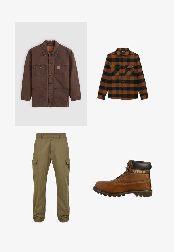 Veste marron à boutons avec quatre poches frontales, deux poches poitrine dont une avec une petite étiquette rouge Levi's, et un col classique.; Chemise à manches longues en motif écossais orange et noir, fabriquée dans un tissu texturé. Comprend deux poches poitrine et une fermeture à boutons.; Pantalons cargo verts avec une coupe droite, en coton, dotés de poches latérales et d'une fermeture à bouton pour plus de fonctionnalité. Texture lisse, design décontracté.; Botte de travail en cuir marron avec une tige haute, semelle robuste, œillets métalliques et un col rembourré marron foncé. Présente la marque "Caterpillar".