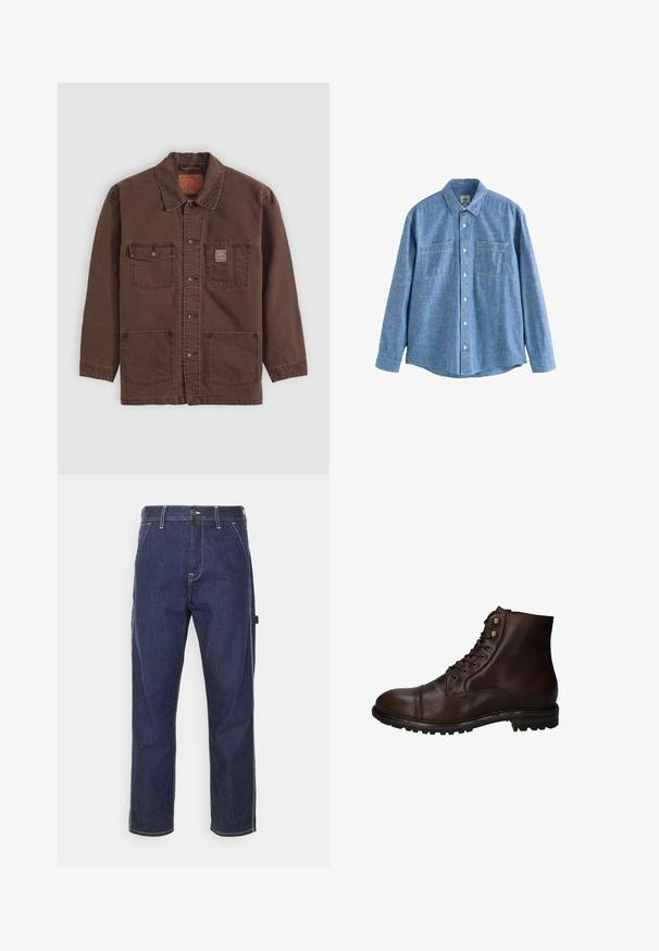 Hnedá bundová sako s štyrmi prednými vreckami, dvoma vreckami na hrudi, vrátane jedného s malou červenou nášivkou Levi's, a klasickým golierom.; Modrá chambray košeľa s dlhým rukávom, zapínaním na gombíky vpredu a dvoma náprsnými vreckami, položená na bielom pozadí.; Tmavomodré denimové cargo nohavice s žltým prešívaním, bočnými vreckami a strihom s rovnými nohavicami. Obsahujú zapínanie na gombík a zips.; Tmavohnedé kožené šnurovacie členkové topánky s robustnou gumovou podrážkou a kovovými očkami, zobrazené z vonkajšej strany.