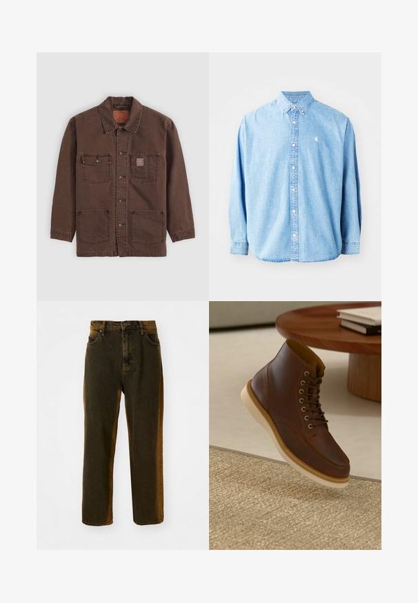 Brun button-up jakke med fire frontlommer, to brystlommer, hvoraf den ene har et lille rødt Levi's mærke, og en klassisk krave.; Lysel blå denim skjorte med knapper og lange ærmer, spids krave og et lille logo på venstre bryst. Har en afslappet pasform og klassisk design.; Mørkebrune lige ben denim jeans med foran knap og lynlås, bæltesløjfer samt for- og baglommer.; Brune læderankelstøvle med beige sål på et struktureret beige tæppe ved siden af et rundt træbord med stakke af bøger.