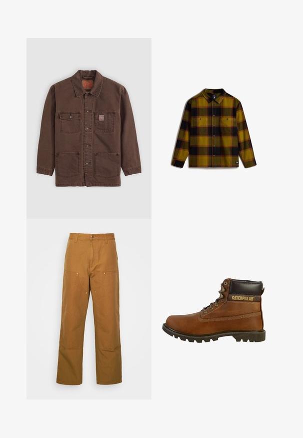 Brun button-up jakke med fire frontlommer, to brystlommer, hvoraf den ene har et lille rødt Levi's mærke, og en klassisk krave.; Flannelskjorte med tern i gul, grøn, sort og rød. Har to brystlommer, knaplukning foran og krave. Blød tekstur.; Brune bomuldsarbejdsbukser med lige ben-design, der har frontlommer og metalhardware detaljer for ekstra holdbarhed.; Brune læderarbejdssko med høj ankel, robust sål, metaløjer og en mørkebrun polstret krave. Har "Caterpillar"-branding.