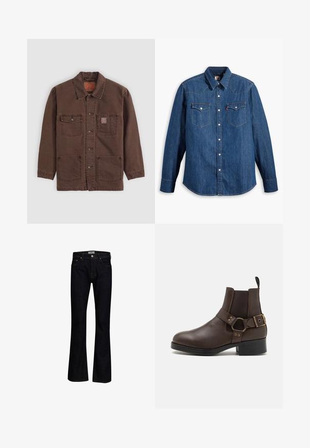 Brun button-up jakke med fire frontlommer, to brystlommer, hvoraf den ene har et lille rødt Levi's mærke, og en klassisk krave.; Denim skjorte i mørkeblå med lange ærmer, spids krave og trykknapper. Har to brystlommer med klapper og kontrastsying.; Mørkeblå bukseskær med flared fit lavet af denim med en glat tekstur. Har fem lommer, messingbeslag og kontrastsygning.; Steve Madden ANTONN - Cowboy- / bikerstøvlette - dark brown