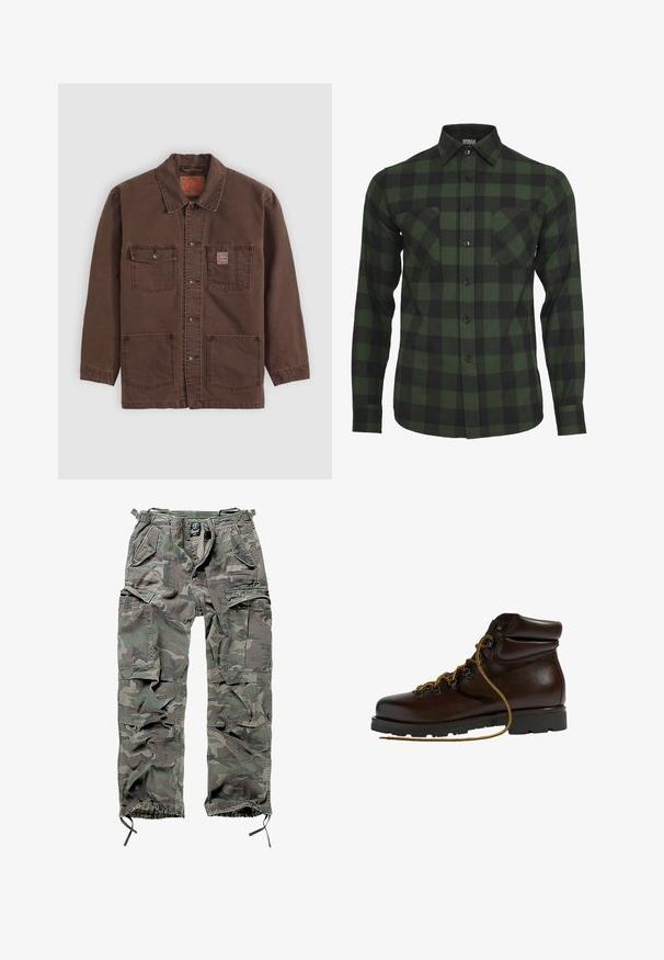 Brun button-up jakke med fire frontlommer, to brystlommer, hvoraf den ene har et lille rødt Levi's mærke, og en klassisk krave.; Grøn og sort ternet flannel-skjorte med lange ærmer, knaplukning, to brystlommer og klassisk kravedesign.; Camo cargo bukser i grøn og grå, med flere lommer, elastisk talje, justerbare ankelmanchetter og en afslappet pasform.; Brun læder vandrestøvle med en afrundet tå, tekstureret overflade, gule snørebånd og metaløjer. Har en robust sort gummisål.