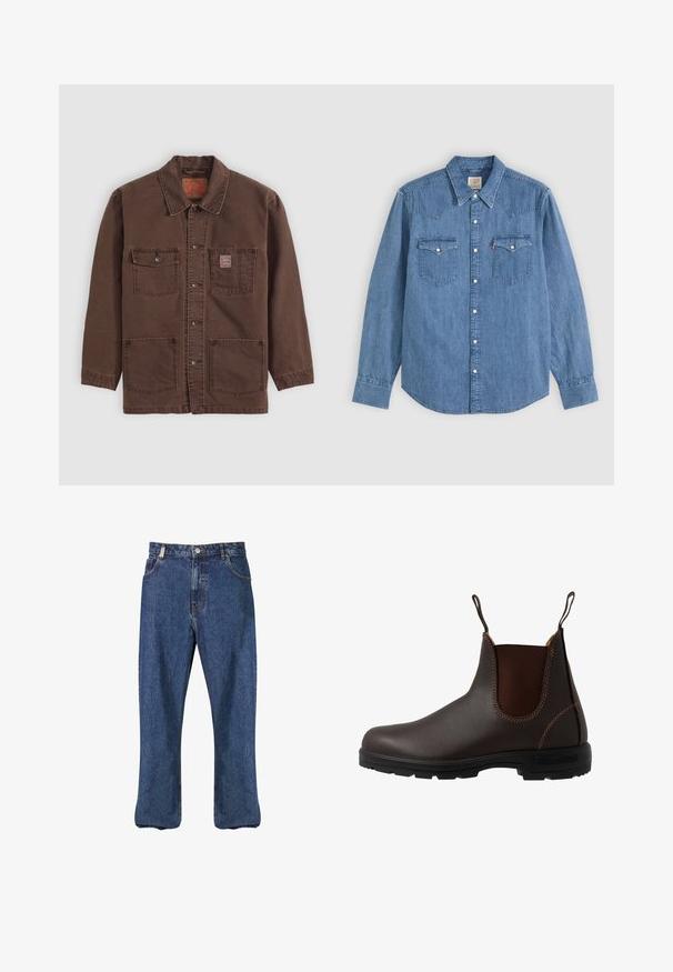 Braune Hemdjacke mit vier Fronttaschen, zwei Brusttaschen, davon eine mit einem kleinen roten Levi's-Label, und einem klassischen Kragen.; Langärmliges blaues Jeanshemd mit spitzem Kragen, geknöpfter Vorderseite und zwei Brusttaschen mit Knopfklappen vor einfarbigem Hintergrund.; Dunkelblaue Denim-Jeans im geraden Schnitt, klassischem Fünf-Taschen-Stil und sichtbaren Nähten entlang der Nähte.; Brauner Chelsea-Stiefel aus Leder mit elastischem Seiteneinsatz, brauner Naht, Zuglaschen und einer strapazierfähigen Gummisohle mit strukturiertem Muster.