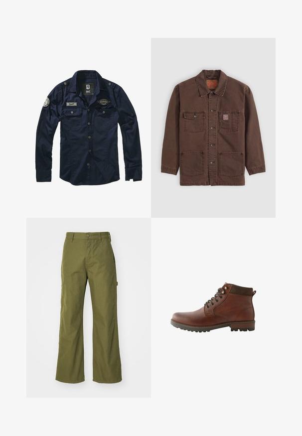 Brun button-up jakke med fire frontlommer, to brystlommer, hvoraf den ene har et lille rødt Levi's mærke, og en klassisk krave.; Mørkeblå skjorte med knapper, lange ærmer, to brystlommer og broderede patches på venstre skulder og bryst. Glat stofstruktur.; Oliven grønne bukser med bred ben, lavet af slidstærkt stof, med knaplukning, sidelommer og lige kantdesign.; Brun læder ankelstøvle med snørebånd, mørkebrun polstret krave og robust sål, vist fra siden på hvid baggrund.