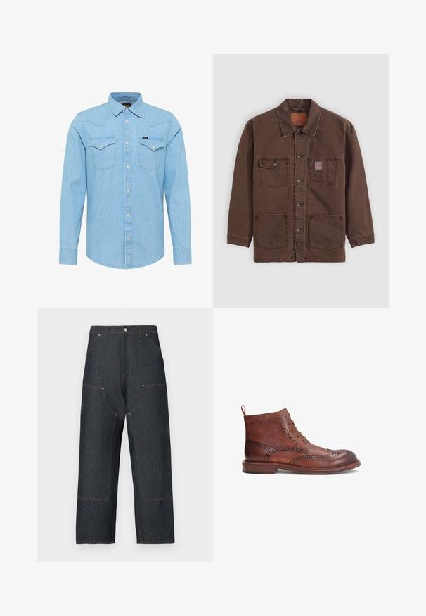 Veste marron à boutons avec quatre poches frontales, deux poches poitrine dont une avec une petite étiquette rouge Levi's, et un col classique.; Chemise en denim bleu clair à manches longues avec fermeture à boutons, deux poches poitrine à boutons, col pointu et petit logo Lee sur la poche gauche.; Jean en denim bleu foncé avec une coupe à jambes larges, présentant des coutures contrastantes orange, des poches avant et une fermeture classique par bouton.; Botte en cuir marron avec des détails brogue décoratifs, bout rond, design à lacets et un petit talon empilé. Comprend une languette à l'arrière.