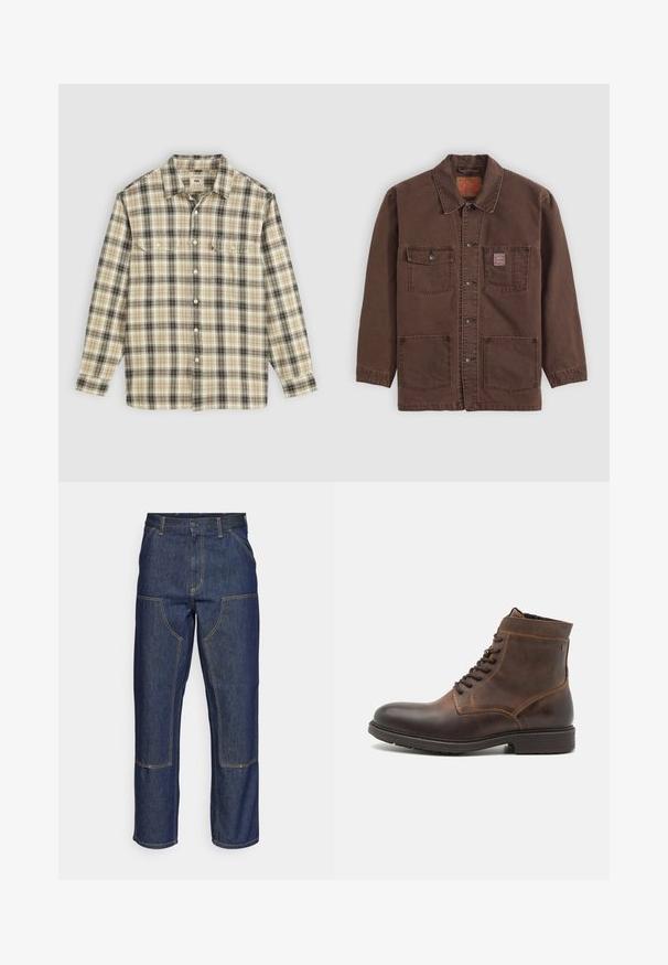 Bruine knoopjack met vier voorzakken, twee borstzakken waarvan er eentje een klein rood Levi's-label heeft, en een klassieke kraag.; Langarm geruite blouse in beige, zwart en bruin stof, met knoopsluiting, twee borstzakken en een klassiek kraagontwerp.; Donkerblauwe denim jeans met een hoge taille, rechte pijpen, contrasterende stiksels en opgestikte zakken aan de voorkant.; Jack & Jones JFWDELANEY BOOT - Veterboots - cognac