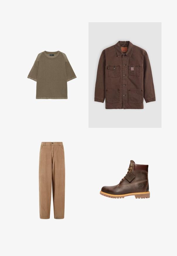 Veste marron à boutons avec quatre poches frontales, deux poches poitrine dont une avec une petite étiquette rouge Levi's, et un col classique.; Haut tricoté marron à manches courtes avec un col rond et un motif ajouré côtelé.; Pantalon en velours côtelé marron clair au design droit, doté d'une fermeture à bouton et de poches latérales, surface texturée en côtes.; Bottine en cuir marron avec un bout rond, une semelle robuste, des éléments en doré et un dessus texturé. Comprend une étiquette de logo attachée.