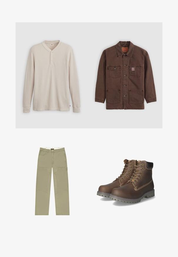 Brun button-up jakke med fire frontlommer, to brystlommer, hvoraf den ene har et lille rødt Levi's mærke, og en klassisk krave.; Langærmet henley-skjorte i lys beige ribbet stof, med V-hals, tre-knap placket og manchetter ved ærmerne. Rød logo-tags ved kanten.; Khaki bukser med vide ben lavet af robust stof, med store påsyede lommer og kontrastsyninger. Knappelukning i taljen.; Brune læder ankelstøvler med snørebånd, polstret krave, kontrasterende syninger og slidstærk gummisål med skridsikre mønstre.