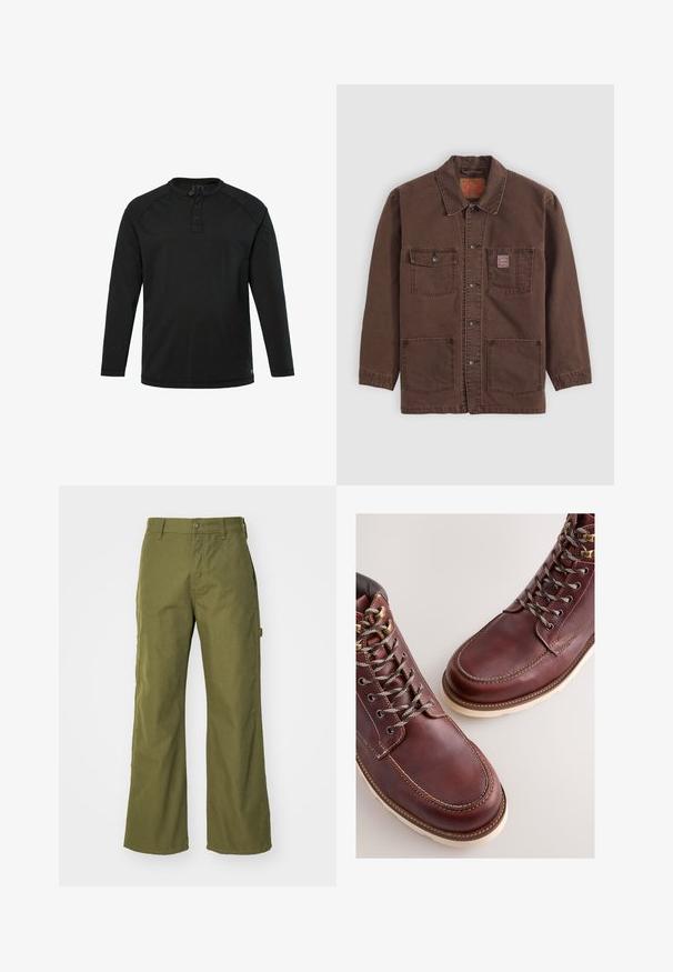 Braune Hemdjacke mit vier Fronttaschen, zwei Brusttaschen, davon eine mit einem kleinen roten Levi's-Label, und einem klassischen Kragen.; Schwarzes Langarm-Henley-Shirt mit drei Knöpfen und Rundhalsausschnitt, schlichte Gestaltung und gerader Saum.; Olivgrüne, weite Hosen aus strapazierfähigem Material, mit Knopfverschluss, seitlichen Taschen und einem geraden Saumdesign.; Braune Lederstiefel mit einer glatten Oberfläche, ausgestattet mit Metallösen, grauen Schnürsenkeln und einer cremefarbenen Gummisohle. Nahtdetail entlang der Kanten.