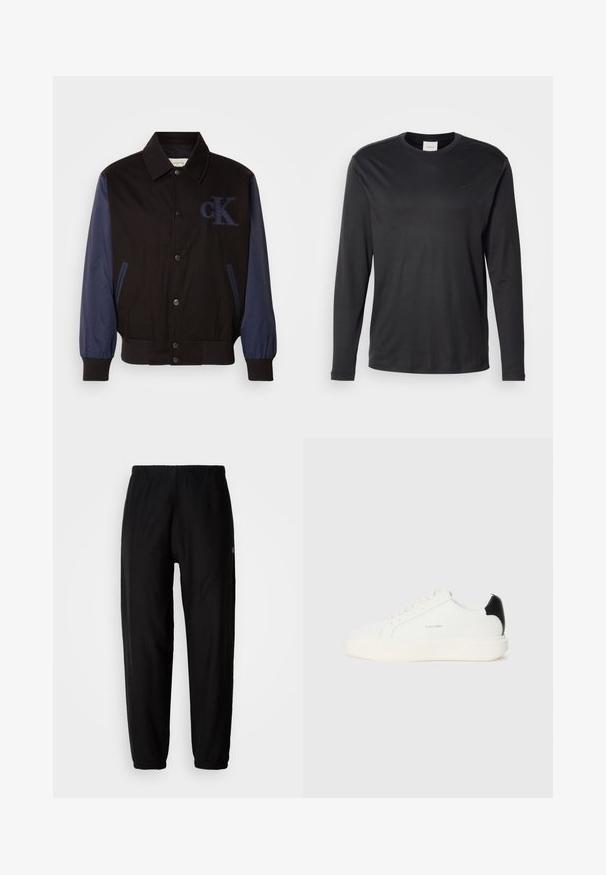 Sort jakke med marineblå ærmer, knaplukning og broderet "cK" logo. Har krave og elastiske manchetter for et tætsiddende look.; Sort langærmet crew neck t-shirt fra Calvin Klein med lille CK-logo på venstre bryst, præsenteret på en neutral hvid baggrund.; Sorte træningsbukser med elastisk talje, tapered ben og manchetter. Glat stoftekstur. Logo detalje på siden.; Hvide lædersneakers med en sort accent på hælen, rund tå, flade snørebånd og en tyk hvid sål. Calvin Klein-logoet vises.