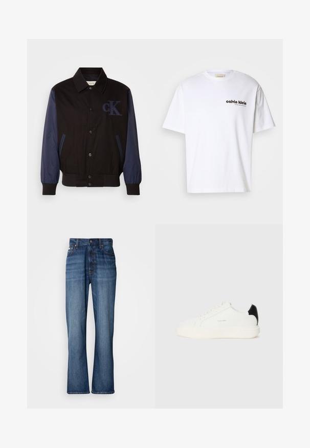 Sort jakke med marineblå ærmer, knaplukning og broderet "cK" logo. Har krave og elastiske manchetter for et tætsiddende look.; Hvid bomulds t-shirt med korte ærmer, med sort "Calvin Klein" tekstlogo og et firkantet mærke nær halsudskæringen. Simpelt design.; Blå denimjeans med høj talje, flagrende ben, fem-lommers design og tonal syning. Har en knaplukning og nitterede lommer.; Hvide lædersneakers med en sort accent på hælen, rund tå, flade snørebånd og en tyk hvid sål. Calvin Klein-logoet vises.