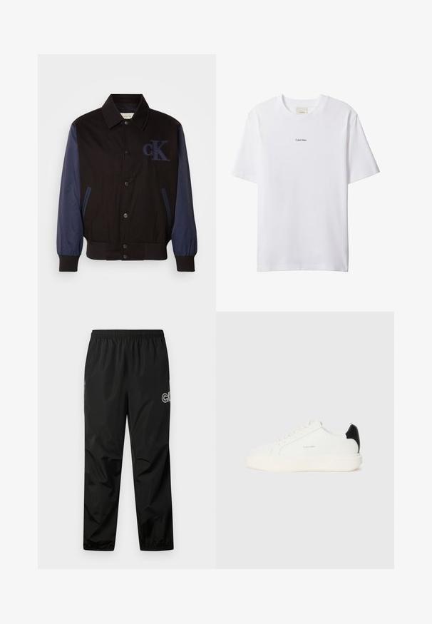 Schwarze Jacke mit marineblauen Ärmeln, Knopfverschluss und gesticktem "cK"-Logo. Verfügt über einen Kragen und elastische Bündchen für eine taillierte Passform.; Weißes Baumwoll-T-Shirt mit Rundhalsausschnitt und kurzen Ärmeln. Auf der Brust zentriert befindet sich ein kleines schwarzes "Calvin Klein"-Logo.; Schwarze Regenhose aus leichtem, wasserdichtem Material. Mit einem elastischen Bund und Logodetail an der Seite. Glatte Textur.; Weiße Ledersneaker mit einem schwarzen Akzent an der Ferse, runden Zehen, flachen Schnürsenkeln und einer dicken weißen Sohle. Calvin Klein Logo angebracht.