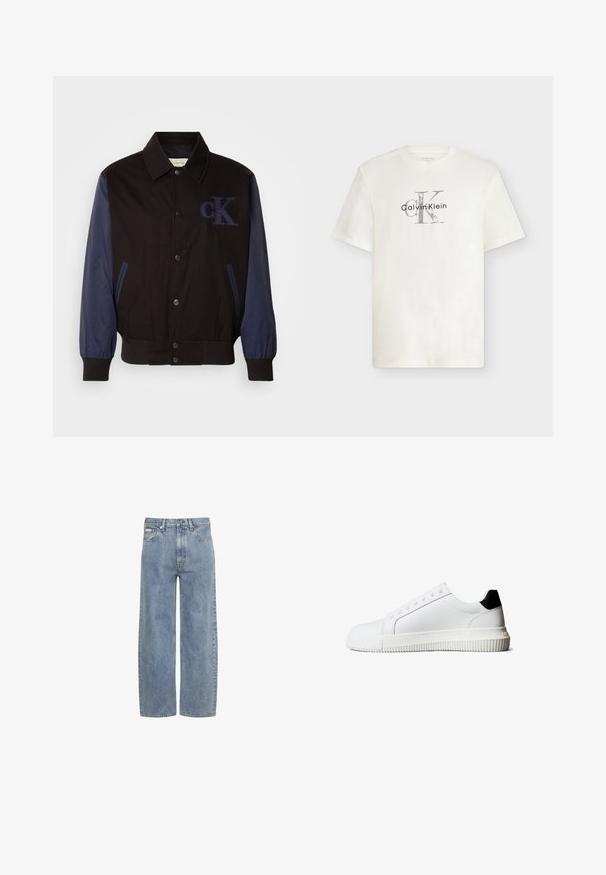 Zwarte jas met marineblauwe mouwen, knoopsluiting en geborduurd "cK"-logo. Heeft een kraag en elastische manchetten voor een strakke pasvorm.; Wit T-shirt met korte mouwen en ronde hals, met Calvin Klein-logo in grijs en zwart gecentreerd op de borst.; Lichtblauwe jeans met rechte pijpen, knoop- en ritsluiting aan de voorkant, riemlussen en een ontwerp met vijf zakken.; Witte leren sneakers met een zwarte hielaccent, voorzien van platte veters, een afgeronde neus en een geribbelde rubberen zool voor grip.