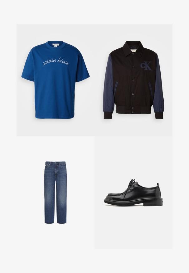 Schwarze Jacke mit marineblauen Ärmeln, Knopfverschluss und gesticktem "cK"-Logo. Verfügt über einen Kragen und elastische Bündchen für eine taillierte Passform.; Blauses Baumwoll-T-Shirt mit Rundhalsausschnitt und kurzen Ärmeln, auf dem "calvin klein" elegant in weißer Schreibschrift über die Brust gestickt ist.; Blaue Jeans mit hohem Bund und geradem Bein, mit Frontknopf und Reißverschluss, Gürtelschlaufen sowie Vorder- und Rückentaschen.; Calvin Klein LACE UP APRON BRUSH OFF - Schnürer - black