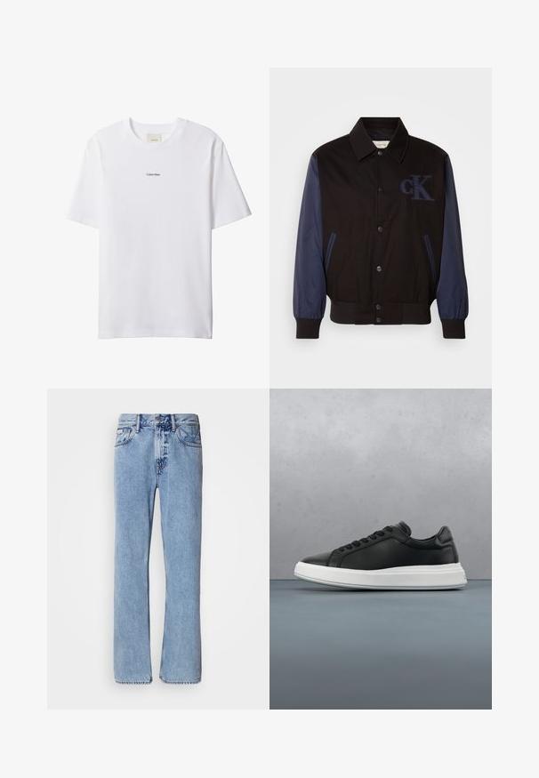 Chaqueta negra con mangas azul marino, cierre de botones y logo bordado "cK". Presenta un cuello con solapa y puños elásticos para un ajuste ceñido.; Camiseta blanca de algodón con cuello redondo y mangas cortas. Cuenta con un pequeño logo negro de "Calvin Klein" centrado en el pecho.; Jeans de mezclilla azul claro con un diseño de pierna recta, cinco bolsillos y cierre de botón. Detalles de costura cerca de los bolsillos y la cintura.; Deportivas de cuero negro con un acabado suave, suela de goma blanca, forma redondeada, seis ojales para los cordones y un diseño sutil en el talón.