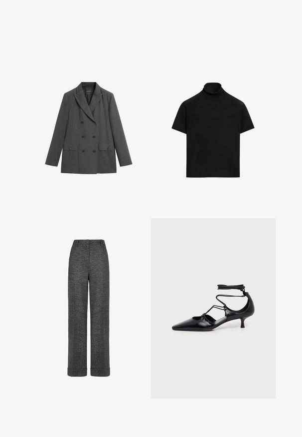 Mørkegrå dobbeltradet blazer med hakkraver, seks knapper foran og to forlommer med klapper og knapper.; Sort kortærmet rullekrave med løs pasform og ensfarvet design på hvid baggrund.; Grå uldbukser med fiskebenmønster, lige ben, opsmøgede kanter og taljebånd med bæltestropper.; Sort spids kitten heel sko med ankelstropper og udskæringsdetaljer på siderne, vist på en ensfarvet lys baggrund.
