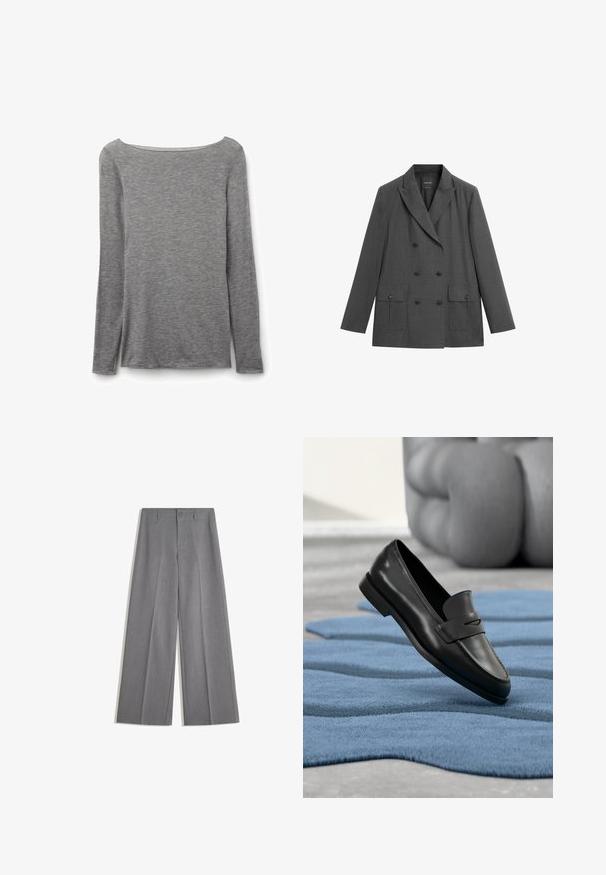 Donkergrijze dubbelrijige blazer met inkepingrevers, zes knopen aan de voorkant en twee voorzakken met klep en knopen.; Grijze nauwsluitende top met lange mouwen en een brede boothals, gemaakt van zachte, lichte gebreide stof.; Grijze wijde broek gemaakt van een gestructureerde stof, met een sluiting aan de voorkant met knoop en twee zijzakken.; Zwarte leren loafers op een blauw gestructureerd tapijt met op de achtergrond een grijze gestoffeerde stoel.