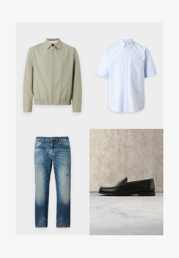Hellbeige Zip-Jacke mit Kragen, elastischem Saum und langen Ärmeln, gezeigt auf einem einfarbigen hellen Hintergrund.; Hellblaues kurzärmeliges Hemd mit Kragen und Brusttasche, dargestellt auf einem schlichten hellgrauen Hintergrund.; Blaue Jeans aus Denim mit geradem Bein, die eine ausgewaschene Optik, leichte Abnutzungsspuren und subtile Waschungseffekte aufweisen. Klassisches Fünf-Taschen-Design.; Schwarzer Pennyloafer aus Leder mit niedrigem Absatz, abgerundeter Spitze und genähten Details vorne und an den Seiten, gezeigt vor neutralem Hintergrund.
