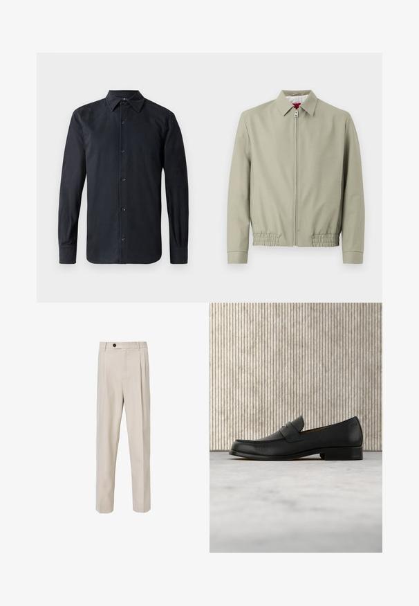 Hellbeige Zip-Jacke mit Kragen, elastischem Saum und langen Ärmeln, gezeigt auf einem einfarbigen hellen Hintergrund.; Schwarzes Langarmhemd mit klassischem Kragen, vorderer Knopfleiste, aus glattem Stoff, mit geradem Schnitt und geknöpften Manschetten.; Beige maßgeschneiderte Hose mit geradem Beinschnitt, vorderen Falten, Knopfverschluss und glatter Stoffstruktur.; Schwarzer Leder-Slipper schwebt über einem beigen Teppich, im Hintergrund ein glänzender, runder brauner Tisch.