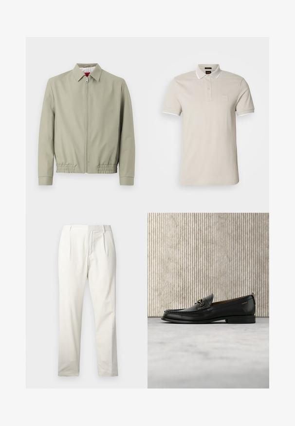 Veste beige clair zippée avec col, ourlet élastiqué et manches longues, présentée sur un fond clair uni.; Polo beige en coton, avec un col blanc, des manches courtes et un écusson texturé sur la poitrine.; Pantalons en coton blanc à jambe droite, dotés de plis sur le devant, d'une texture lisse et d'une conception de taille classique.; Mocassin en cuir noir avec mors en métal doré et logo "HUGO", présenté sur un tapis beige et un meuble translucide marron.