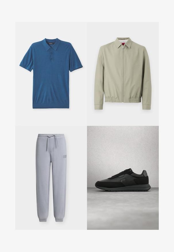 Lichtbeige jas met rits, kraag, elastische zoom en lange mouwen, getoond op een effen lichte achtergrond.; Blauwe polo in zachte stof, met een kraag, drie knopen en korte mouwen. Subtiel logo op de borst.; Lichtgrijze sweatpants met elastische tailleband, verstelbare trekkoord, zijlogo patch en geribde boorden bij de enkels.; Zwarte sportschoenen gemaakt van leer en mesh. Voorzien van een gevoerde kraag, gestructureerde accenten en een flexibele rubberen zool.